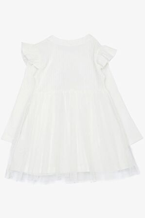 Breeze Kız Çocuk Uzun Kollu Elbise Yazı Nakışlı Pullu Tüllü Omuzu Fırfırlı 1.5-5 Yaş, Beyaz