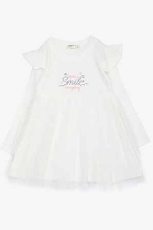 Breeze Kız Çocuk Uzun Kollu Elbise Yazı Nakışlı Pullu Tüllü Omuzu Fırfırlı 1.5-5 Yaş, Beyaz