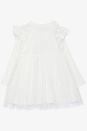 Breeze Kız Çocuk Uzun Kollu Elbise Yazı Nakışlı Pullu Tüllü Omuzu Fırfırlı 1.5-5 Yaş, Beyaz