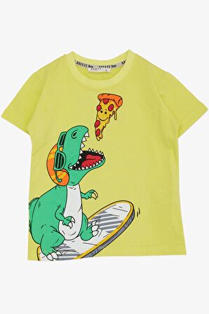 Breeze Erkek Çocuk Tişört Pizza Yiyen Mutlu Dinozor Baskılı 2-6 Yaş, Sarı
