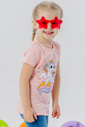 Breeze Kız Çocuk Tişört Sihirli Unicorn Baskılı 1.5-5 Yaş, Somon