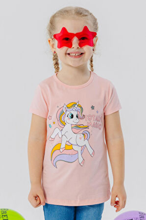 Breeze Kız Çocuk Tişört Sihirli Unicorn Baskılı 1.5-5 Yaş, Somon