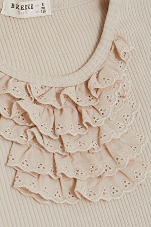 Breeze Kız Çocuk Tişört Güpürlü Fitilli 4-8 Yaş, Bej
