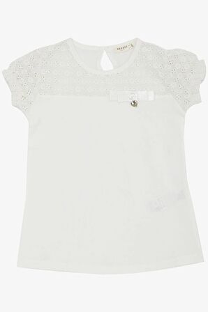 BREEZE Kız Çocuk Tişört Güpürlü Kolları Lastikli Fiyonklu 5-10 Yaş, Ekru