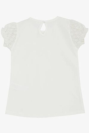 BREEZE Kız Çocuk Tişört Güpürlü Kolları Lastikli Fiyonklu 5-10 Yaş, Ekru