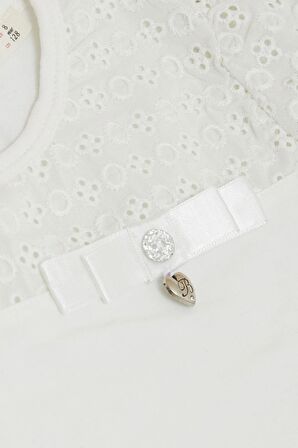 BREEZE Kız Çocuk Tişört Güpürlü Kolları Lastikli Fiyonklu 5-10 Yaş, Ekru