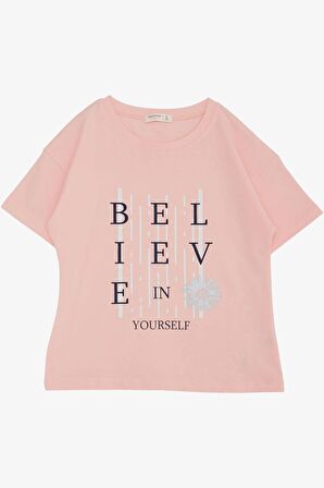 Breeze Kız Çocuk Tişört Crop Slogan Temalı Çiçek Baskılı 9-14 Yaş, Somon