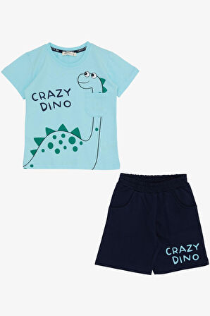 Breeze Erkek Çocuk Şortlu Takım Çılgın Dinozor Baskılı 1.5-5 Yaş, Açık Mavi