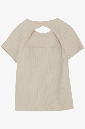 BREEZE Kız Çocuk Tişört Crop Sırt Dekolteli Yazı Baskılı Simli 9-14 Yaş, Bej