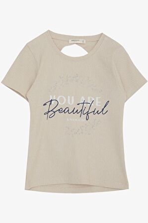 BREEZE Kız Çocuk Tişört Crop Sırt Dekolteli Yazı Baskılı Simli 9-14 Yaş, Bej