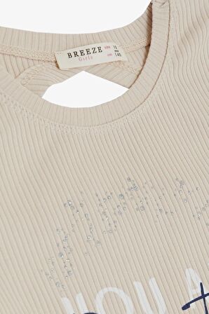 BREEZE Kız Çocuk Tişört Crop Sırt Dekolteli Yazı Baskılı Simli 9-14 Yaş, Bej