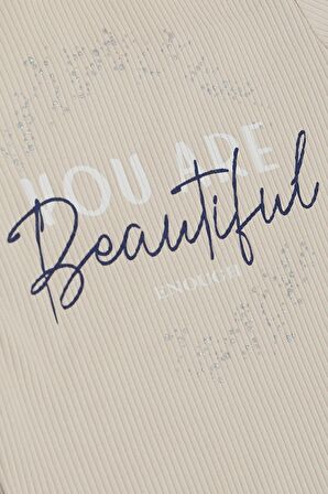 BREEZE Kız Çocuk Tişört Crop Sırt Dekolteli Yazı Baskılı Simli 9-14 Yaş, Bej