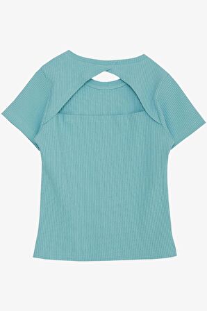 BREEZE Kız Çocuk Tişört Crop Sırt Dekolteli Yazı Baskılı Simli 9-14 Yaş, Su Yeşili