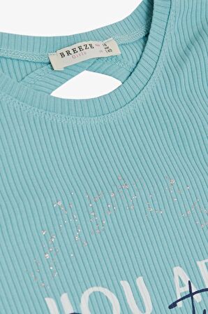 BREEZE Kız Çocuk Tişört Crop Sırt Dekolteli Yazı Baskılı Simli 9-14 Yaş, Su Yeşili