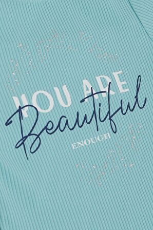 BREEZE Kız Çocuk Tişört Crop Sırt Dekolteli Yazı Baskılı Simli 9-14 Yaş, Su Yeşili