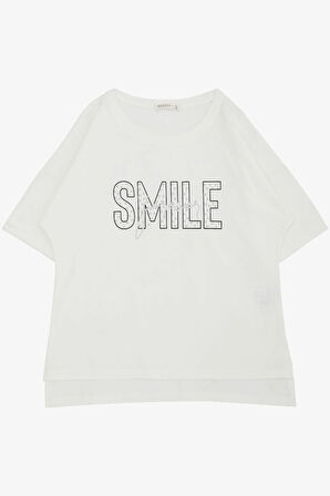Breeze Kız Çocuk Tişört Smile Yazı Baskılı Taşlı 9-16 Yaş, Ekru