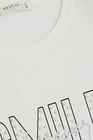 Breeze Kız Çocuk Tişört Smile Yazı Baskılı Taşlı 9-16 Yaş, Ekru