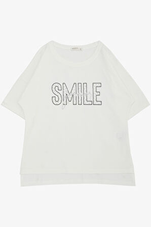 Breeze Kız Çocuk Tişört Smile Yazı Baskılı Taşlı 9-16 Yaş, Ekru
