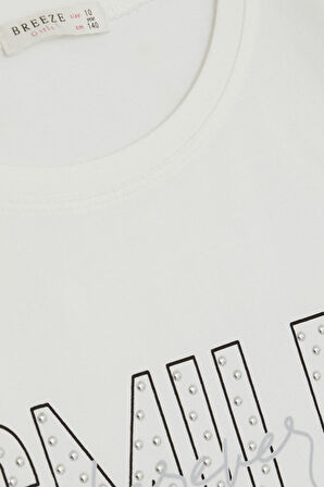 Breeze Kız Çocuk Tişört Smile Yazı Baskılı Taşlı 9-16 Yaş, Ekru