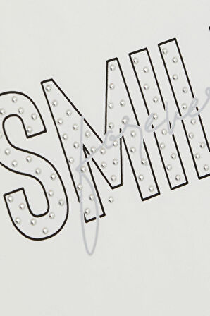 Breeze Kız Çocuk Tişört Smile Yazı Baskılı Taşlı 9-16 Yaş, Ekru