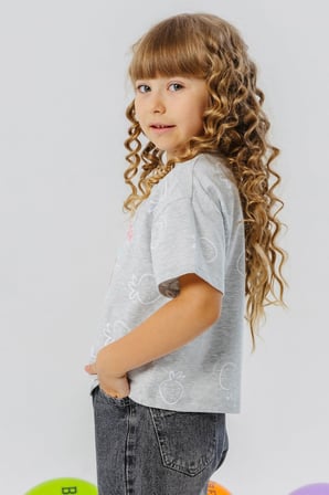 Breeze Kız Çocuk Tişört Crop Çilek & Yazı Baskılı 6-12 Yaş, Açık Gri Melanj