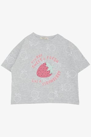 Breeze Kız Çocuk Tişört Crop Çilek & Yazı Baskılı 6-12 Yaş, Açık Gri Melanj