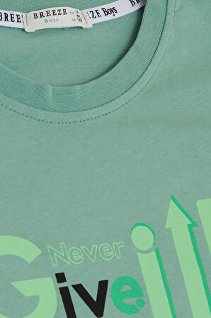 Breeze Erkek Çocuk Tişört Asla Pes Etme Tasarım Baskılı 9-16 Yaş, Mint Yeşili
