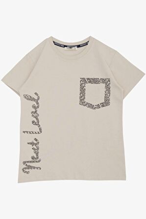 BREEZE Erkek Çocuk Tişört Yazı Baskılı Cepli 8-12 Yaş, Bej