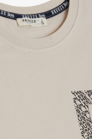 BREEZE Erkek Çocuk Tişört Yazı Baskılı Cepli 8-12 Yaş, Bej