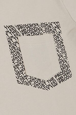 BREEZE Erkek Çocuk Tişört Yazı Baskılı Cepli 8-12 Yaş, Bej