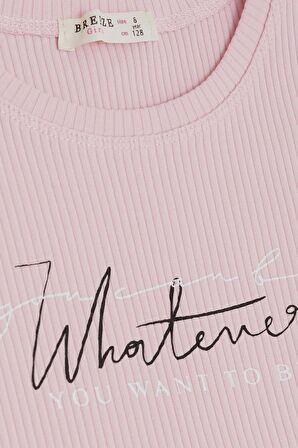 BREEZE Kız Çocuk Tişört Yazı Baskılı Fitilli 8-14 Yaş, Pembe