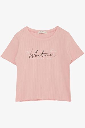 BREEZE Kız Çocuk Tişört Yazı Baskılı Fitilli 8-14 Yaş, Somon