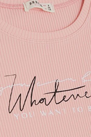 BREEZE Kız Çocuk Tişört Yazı Baskılı Fitilli 8-14 Yaş, Somon