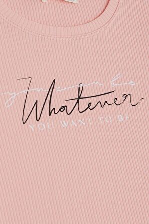 BREEZE Kız Çocuk Tişört Yazı Baskılı Fitilli 8-14 Yaş, Somon