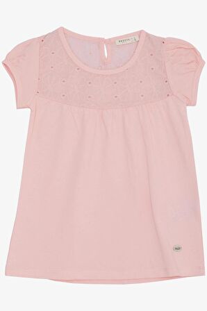 BREEZE Kız Çocuk Tişört Nakışlı Çiçek İşlemeli 4-8 Yaş, Pembe