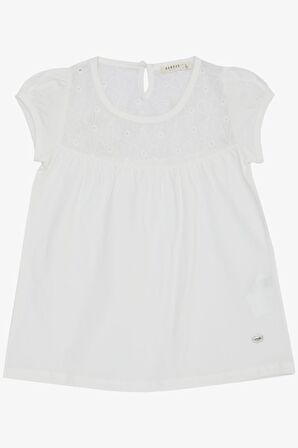 BREEZE Kız Çocuk Tişört Nakışlı Çiçek İşlemeli 4-8 Yaş, Ekru