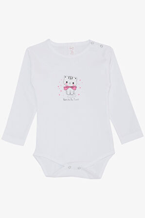 Breeze Kız Bebek Çıtçıtlı Zıbın Body Sevgi Temalı Kedicik Baskılı 9 Ay-3 Yaş, Beyaz