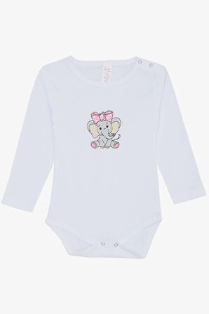 Breeze Kız Bebek Çıtçıtlı Zıbın Body Bandanalı Fil Baskılı 9 Ay-3 Yaş, Beyaz