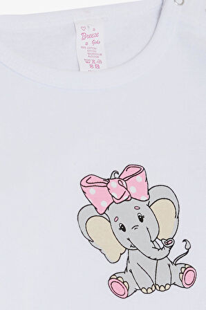 Breeze Kız Bebek Çıtçıtlı Zıbın Body Bandanalı Fil Baskılı 9 Ay-3 Yaş, Beyaz