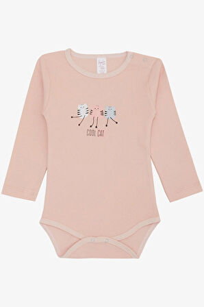 Breeze Kız Bebek Çıtçıtlı Zıbın Body Havalı Kedicikler Baskılı 9 Ay-3 Yaş, Pudra