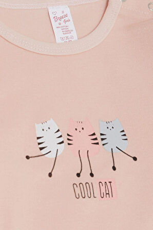 Breeze Kız Bebek Çıtçıtlı Zıbın Body Havalı Kedicikler Baskılı 9 Ay-3 Yaş, Pudra