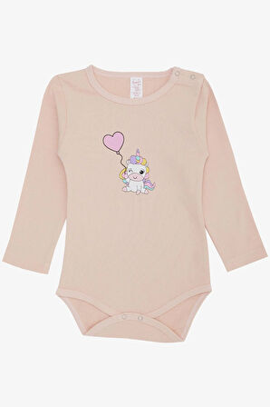 Breeze Kız Bebek Çıtçıtlı Zıbın Body Balonlu Unicorn Baskılı 9 Ay-3 Yaş, Pudra