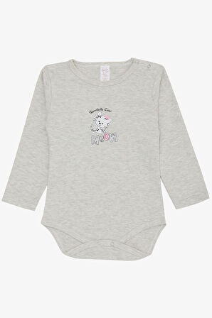 Breeze Kız Bebek Çıtçıtlı Zıbın Body Sevimli Bebek Kedicik Baskılı 9 Ay-3 Yaş, Açık Gri Melanj