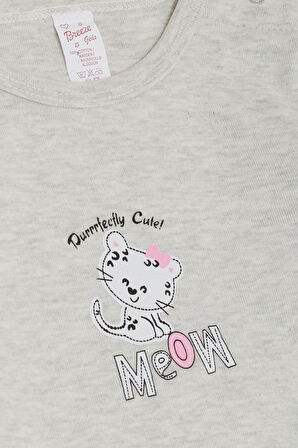 Breeze Kız Bebek Çıtçıtlı Zıbın Body Sevimli Bebek Kedicik Baskılı 9 Ay-3 Yaş, Açık Gri Melanj