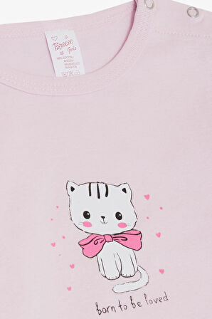 Breeze Kız Bebek Çıtçıtlı Zıbın Body Sevgi Temalı Kedicik Baskılı 9 Ay-3 Yaş, Pembe