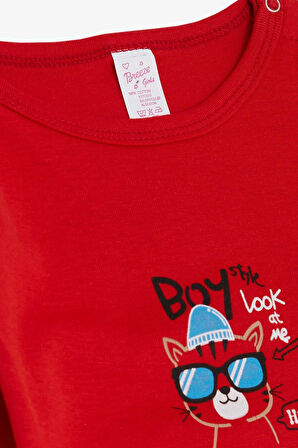 Breeze Kız Bebek Çıtçıtlı Zıbın Body Gözlüklü Kedicik Baskılı 9 Ay-3 Yaş, Kırmızı