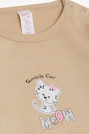 Breeze Kız Bebek Çıtçıtlı Zıbın Body Sevimli Bebek Kedicik Baskılı 9 Ay-3 Yaş, Bej