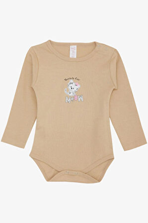 Breeze Kız Bebek Çıtçıtlı Zıbın Body Sevimli Bebek Kedicik Baskılı 9 Ay-3 Yaş, Bej