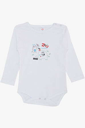 Breeze Erkek Bebek Çıtçıtlı Zıbın Body Hayvanat Bahçesi Dost Hayvanlar Baskılı 9 Ay-3 Yaş, Beyaz