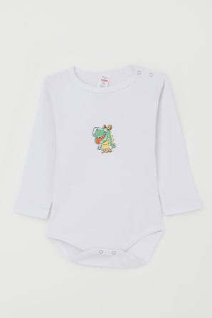 Breeze Erkek Bebek Çıtçıtlı Zıbın Body Mutlu Dinozor Baskılı 9 Ay-3 Yaş, Beyaz